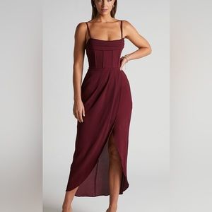 SHOWPO ANDRINA MIDI DRESS - HIGH LOW WRAP CORSET DRESS IN WINE